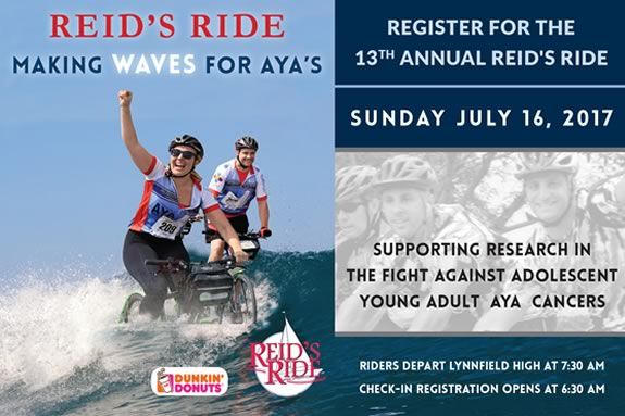 Reid’s Ride is a nationally recognized 28 mile Bike Ride from Lynnfield to Gloucester that supports the fight against Adolescent and Young Adult (AYA) cancers. Reid's Ride is a true North Shore event where participants travel at their own pace along the town and country roads of Essex County