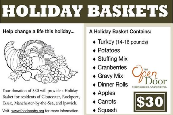 A $30 donation to the Open Door will provide a food basket containing all the fixings a family of four will need to prepare a festive holiday meal. A $30 donation to the Open Door will provide a food basket containing all the fixings a family of four will need to prepare a festive holiday meal.
