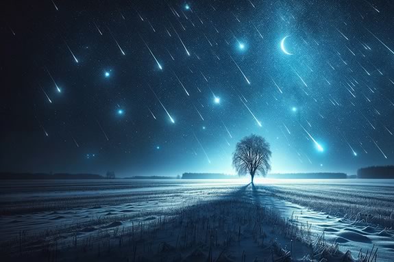 Viewing the Geminid Meteor Shower on the North Shore of Massachusetts | A Guide for Families Winter Meteor Shower | Createed with Dall-E using prompt: imagine a meteor shower over a winter field with a single tree sihouetted against a starlit sky with no moon visible.