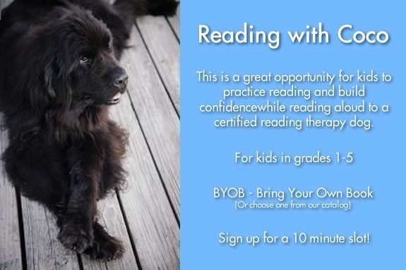 Kids can practice reading aloud with Coco a certified reading therapy dog at the Beverly Public Library 