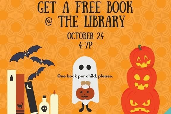 Book or Treat!! The Main Library is giving away one free book to each child/teen who trick-or-treats at the Library as part of Nightmare on Main Street. Join us between 4-7PM on October 24th. 