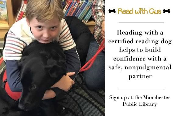 Kids will learn about Gus, a certified reading therapy dog, at the Manchester Public Library
