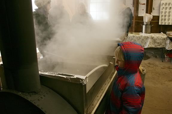 B takes a look at the steaming maple sap at Appleton Farms' Sugar Shack!